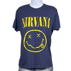 Nirvana Vintage Unisex T-Shirt Yellow Happy Face 90s Tee Blue/Yellow Siz…